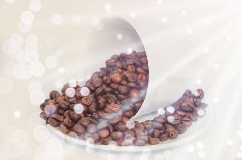 Coffee beans and cup with saucer
