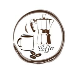 Drawn coffee beans, kettle and coffee mug